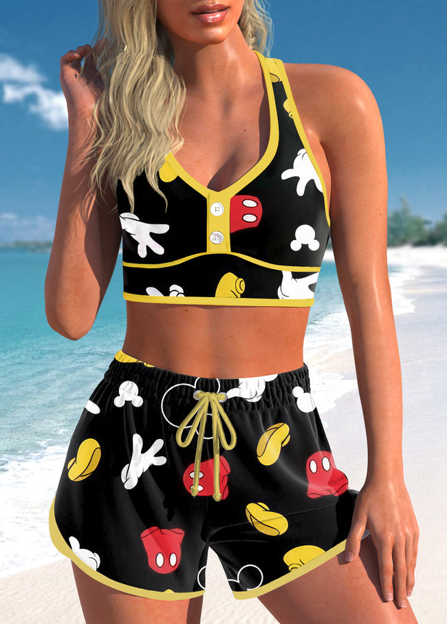 Women's Cute Cartton Printed Criss Cross High Waisted Bikini Set