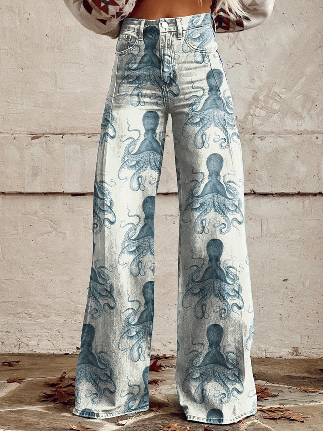 Women's Vintage Octopus Print Casual Wide Leg Pants