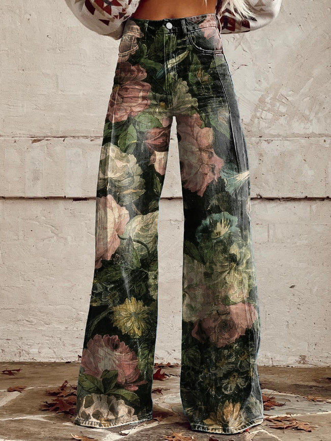 Women's Vintage Floral Print Casual Wide Leg Pants