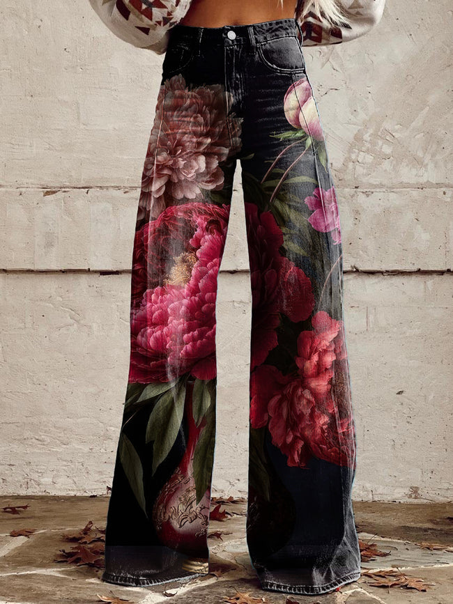 Women's Vintage Garden Flower Print Casual Wide Leg Pants