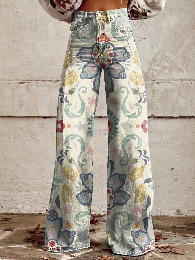 Women's Vintage Floral Pattern Print Casual Wide Leg Pants