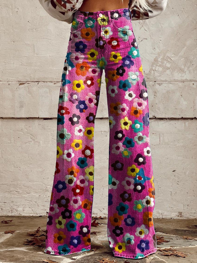 Women's Vintage Flowers Print Casual Wide Leg Pants