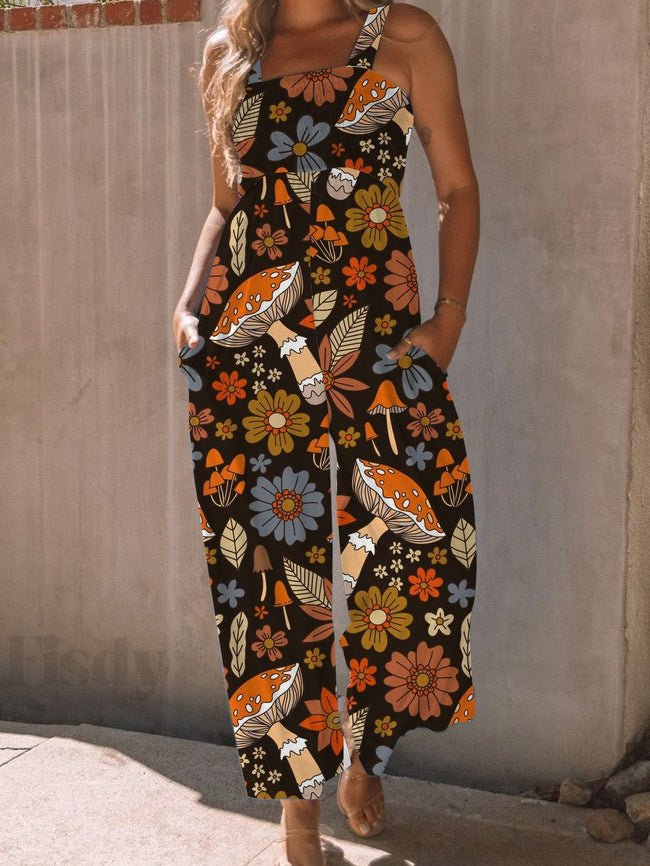 Vintage High Waist Flower Print Wide leg Jumpsuit with Pockets