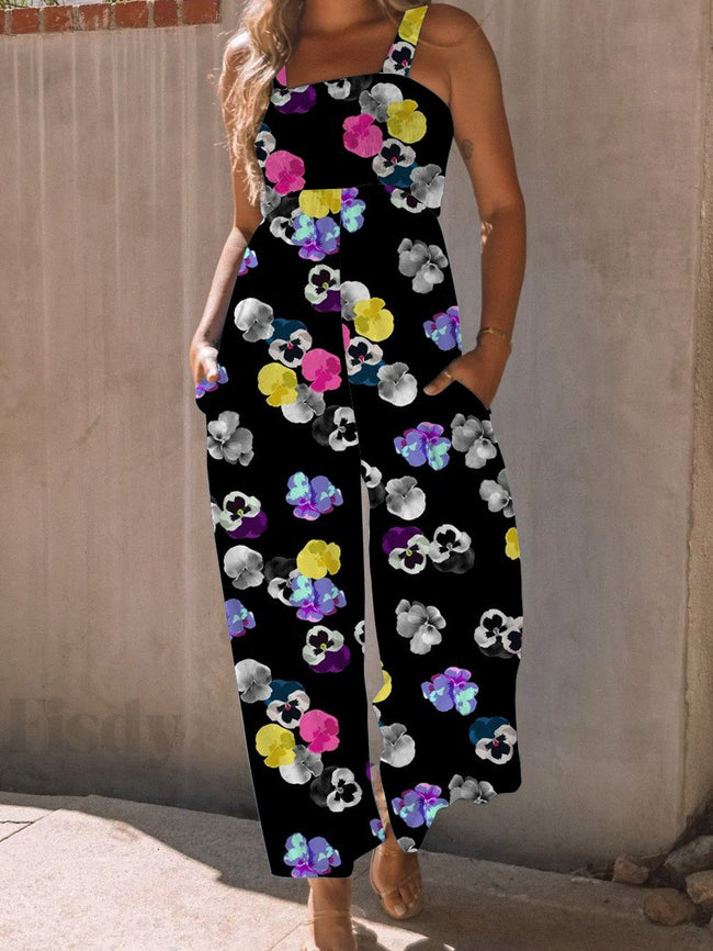 Vintage High Waist Flower Print Wide leg Jumpsuit with Pockets