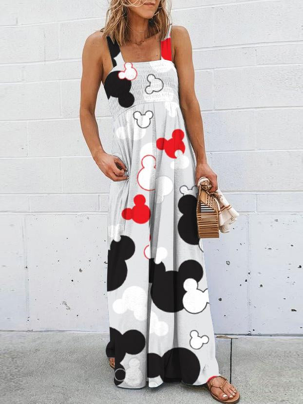 Vintage High Waist Cute Cartoon Print Wide leg Jumpsuit with Pockets