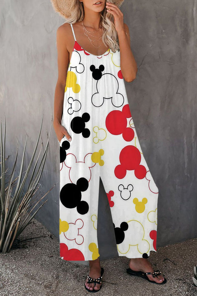 Vintage Cute Cartoon Print Wide leg Jumpsuit with Pockets