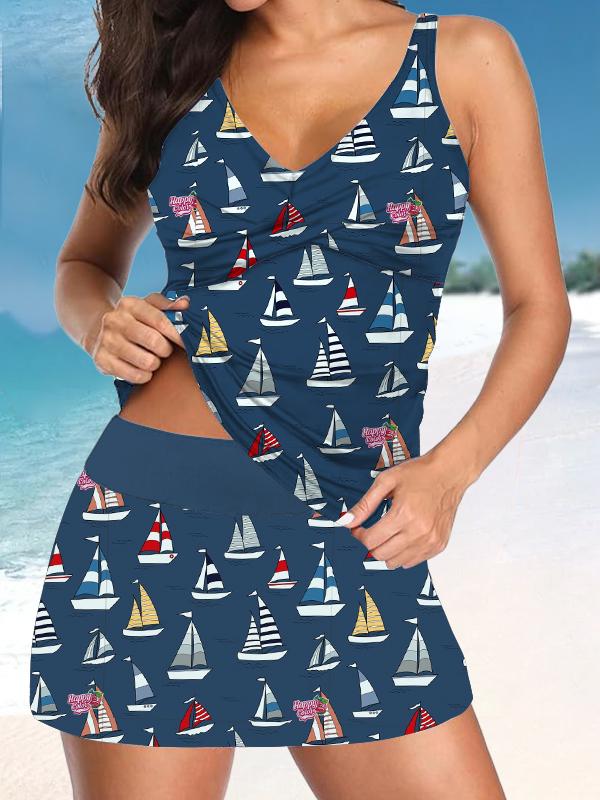 Women’s V-neck Beach Holiday Print Suspender Skirt Tankini Set Swimsuit