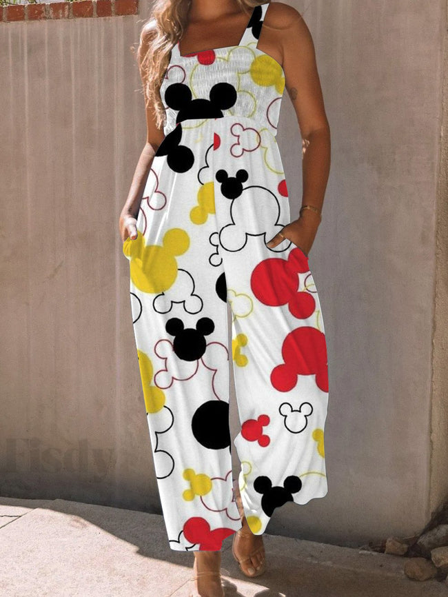 Vintage High Waist Cute Cartoon Print Wide leg Jumpsuit with Pockets