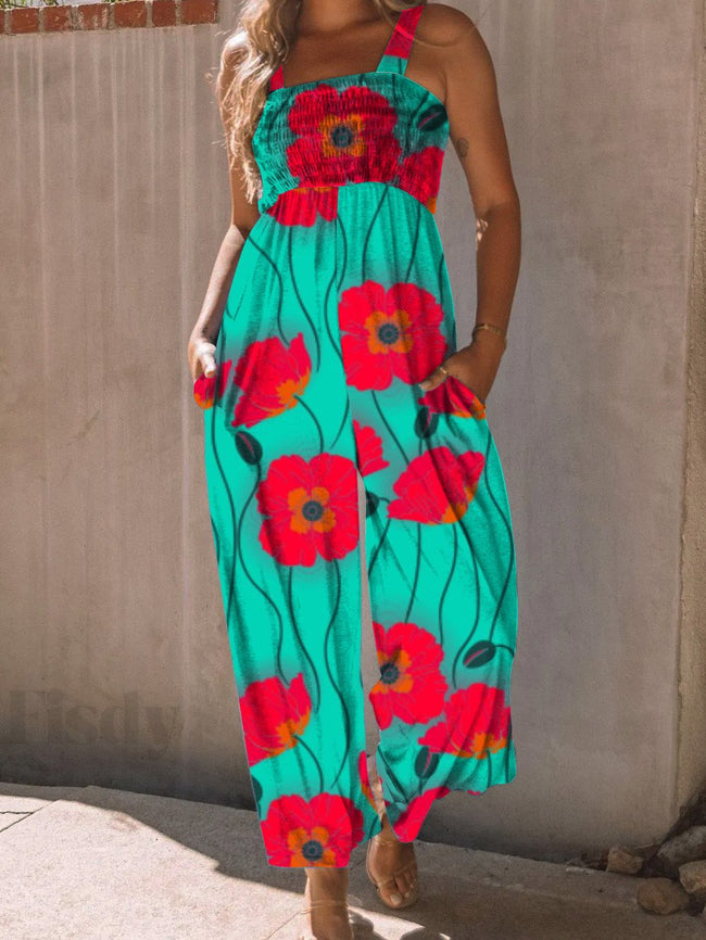 Vintage High Waist Flower Print Wide leg Jumpsuit with Pockets