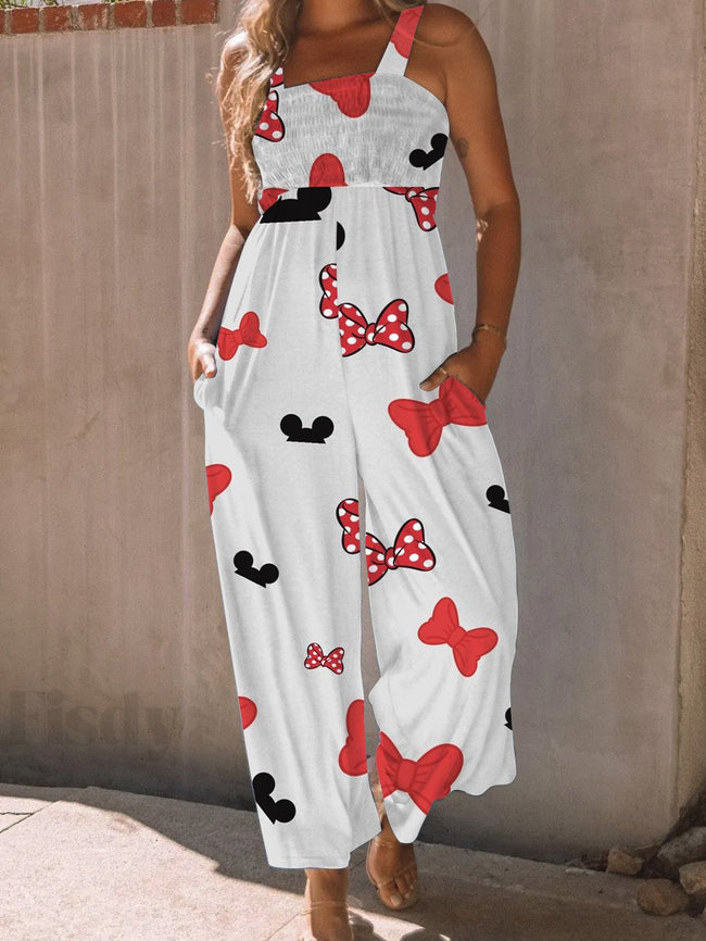 Vintage High Waist Cute Cartoon Print Wide leg Jumpsuit with Pockets