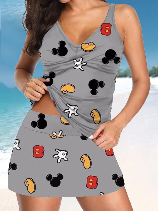 Women’s V-neck Vintage Cute Cartoon Print Suspender Skirt Tankini Set Swimsuit