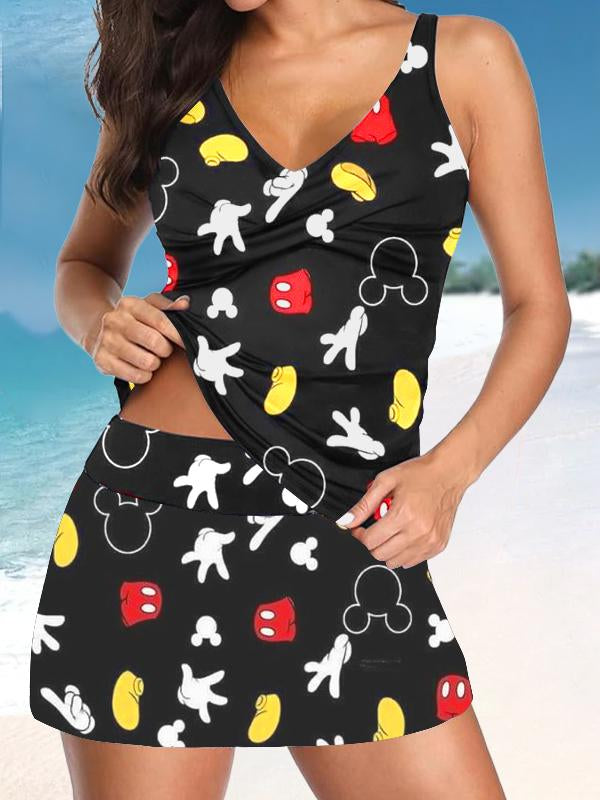 Women’s V-neck Vintage Cute Cartoon Print Suspender Skirt Tankini Set Swimsuit