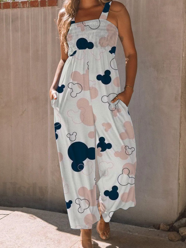 Vintage High Waist Cute Cartoon Print Wide leg Jumpsuit with Pockets