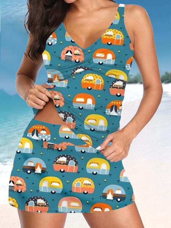 Women’s V-neck Outdoor Camping Car Print Suspender Skirt Tankini Set Swimsuit