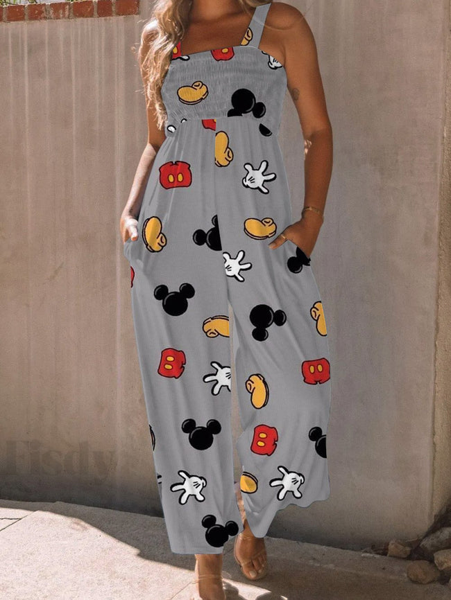 Vintage High Waist Cute Cartoon Print Wide leg Jumpsuit with Pockets