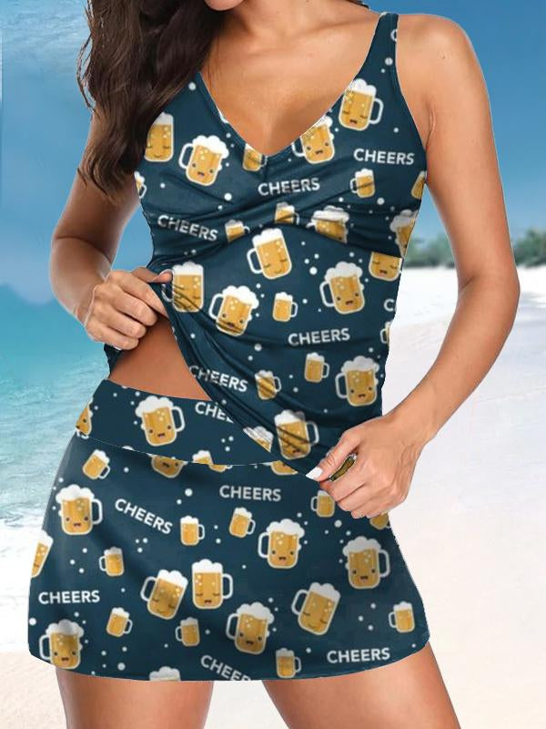 Women’s V-neck Beer Print Suspender Skirt Tankini Set Swimsuit