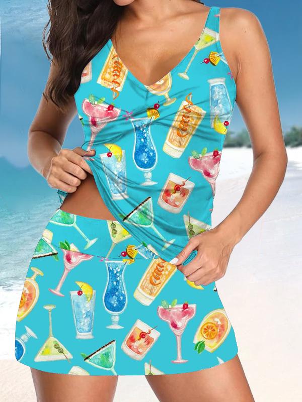 Women’s V-neck Vintage Cute Cartoon Print Suspender Skirt Tankini Set Swimsuit