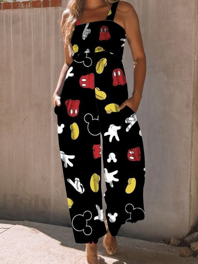 Vintage High Waist Cute Cartoon Print Wide leg Jumpsuit with Pockets