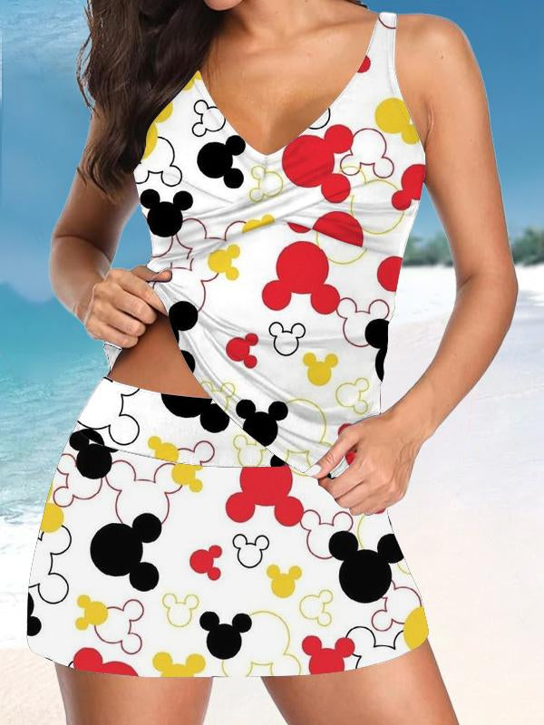 Women’s V-neck Vintage Cute Cartoon Print Suspender Skirt Tankini Set Swimsuit