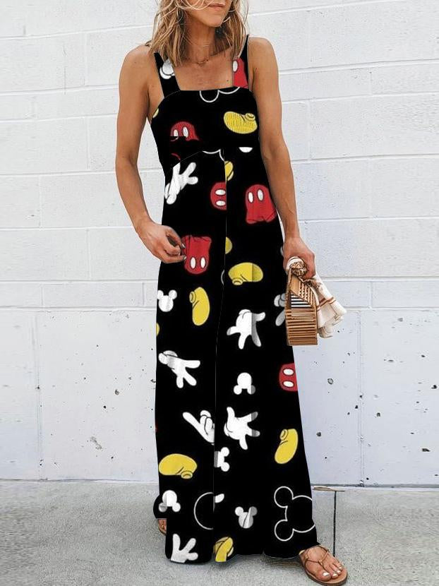 Vintage High Waist Cute Cartoon Print Wide leg Jumpsuit with Pockets