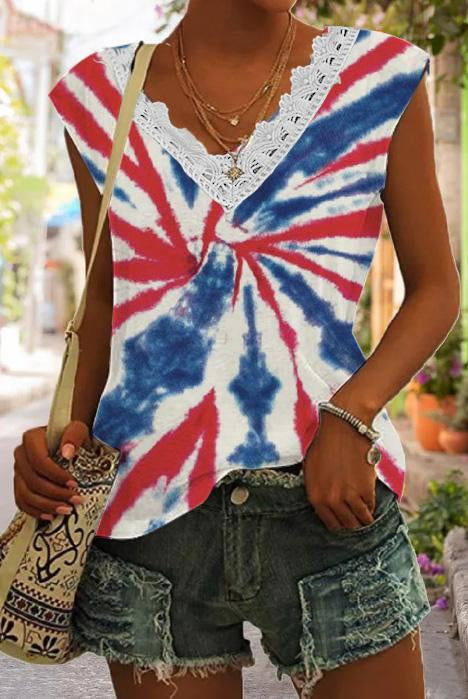 Women's LaceTie-dye Print Sleeveless Tank Top