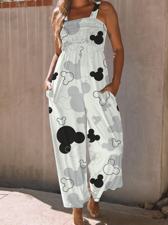 Vintage High Waist Cute Cartoon Print Wide leg Jumpsuit with Pockets