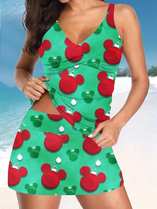 Women’s V-neck Vintage Cute Cartoon Print Suspender Skirt Tankini Set Swimsuit