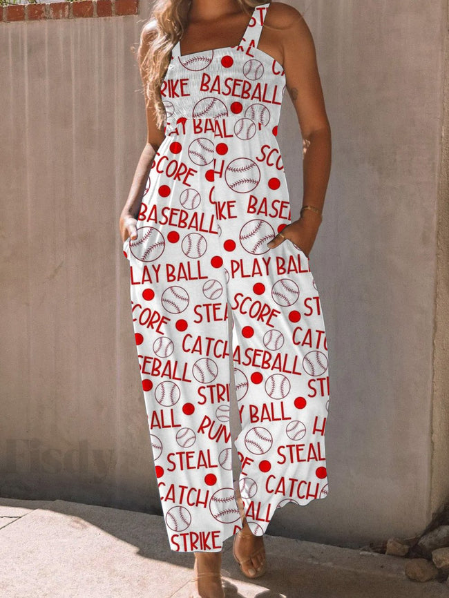 Vintage High Waist Cute Cartoon Print Wide leg Jumpsuit with Pockets