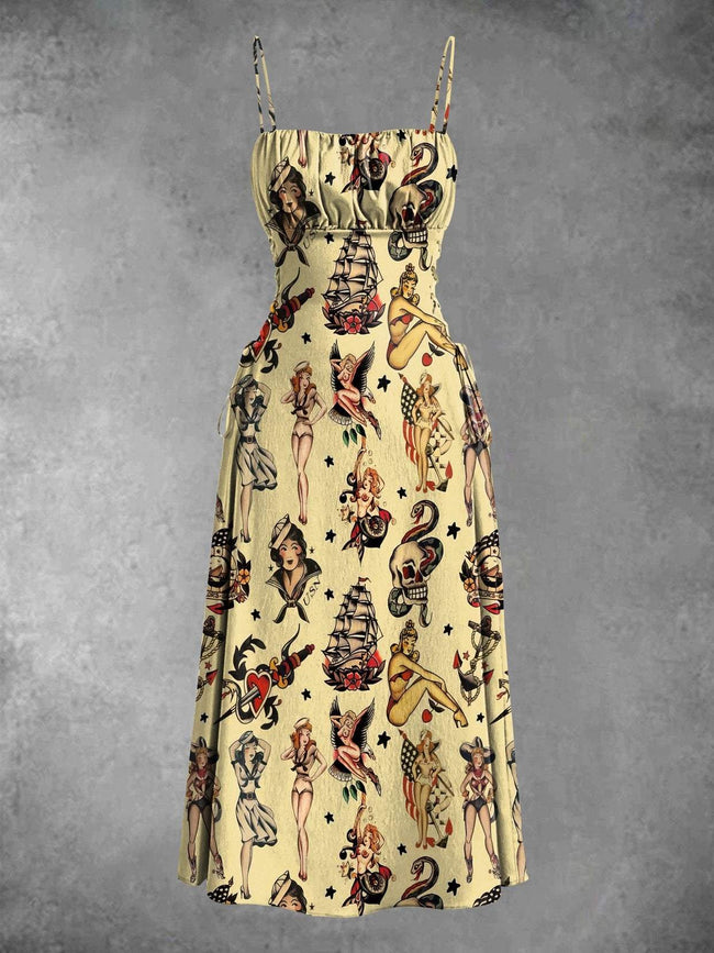 Vintage Sailor Tattoo Print Waist Strap Spaghetti Strap Dress