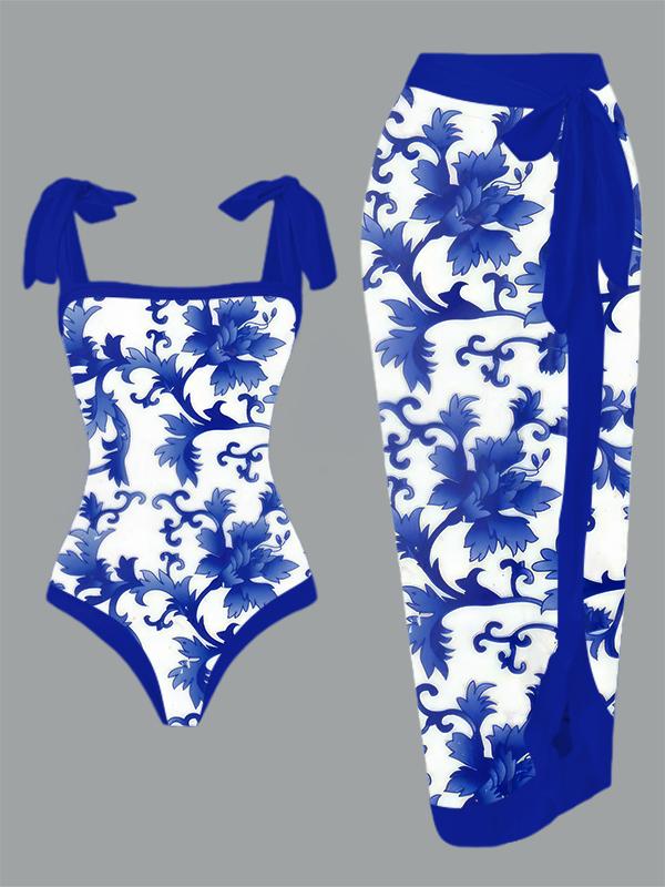 Vintage Blue and white Pottery Floral Print One Piece Swimsuit And Cover Up