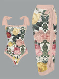 Vintage Floral Print One Piece Swimsuit And Cover Up