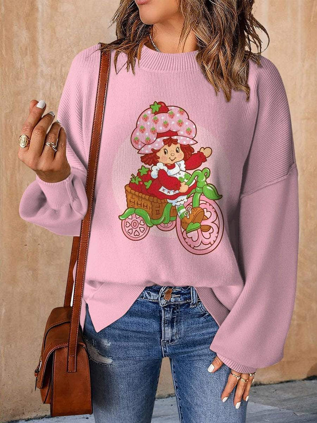 Vintage 1980s Strawberry Shortcake Cartoon Print Casual Knit Pullover Sweater