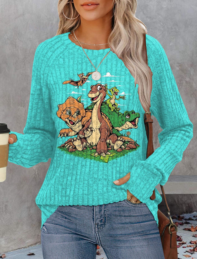 Vintage Dinosaur Friends Cartoon Print Lightweight Fall Shirt with Thumb Holes