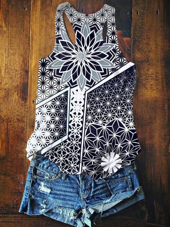 Vintage Geometric Tattoo Print Casual Tank Top