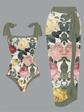 Vintage Floral Print One Piece Swimsuit And Cover Up