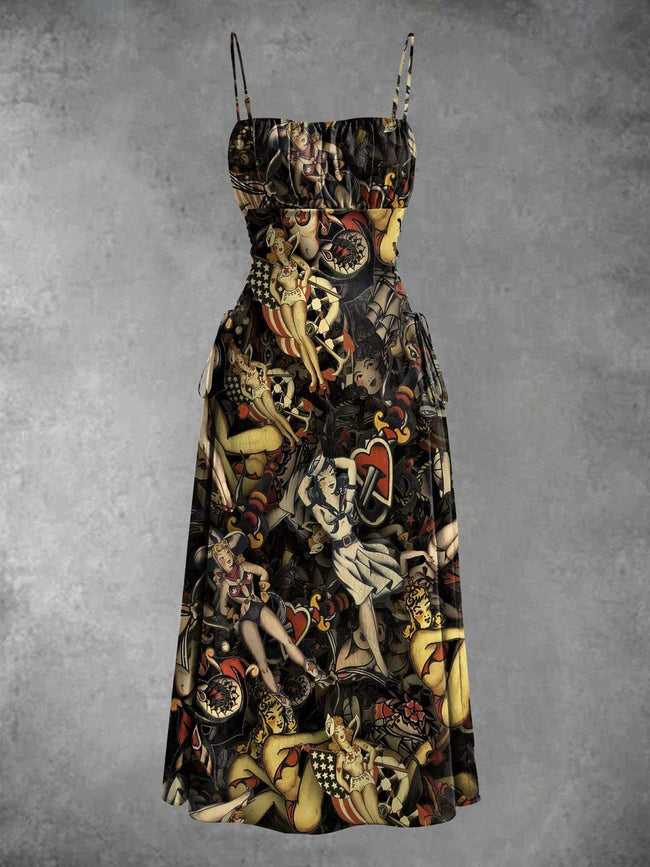 Vintage Sailor Tattoo Print Waist Strap Spaghetti Strap Dress