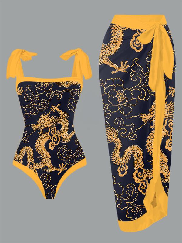 Vintage Chinese Dragon Print One Piece Swimsuit And Cover Up