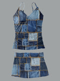 Women’s V-neck Vintage Dark Blue Patchwork Denim Print Suspender Skirt Tankini Set Swimsuit