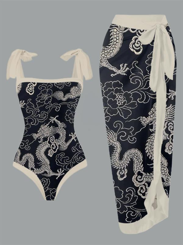 Vintage Chinese Dragon Print One Piece Swimsuit And Cover Up