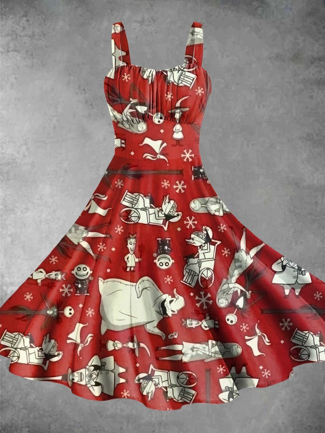 Vintage Cartoon Halloween Print Backless Dress