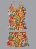 V-Neck Retro Colorful Hippie Print Suspender Skirt Tankini Pantskirt Set Swimsuit