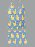 Women’s V-neck Vintage Cute Rubber Duck Print Suspender Skirt Tankini Set Swimsuit