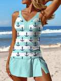 V-Neck Striped Cyan Print Side Slit Patchwork Tankini Pantskirt Set Swimsuit