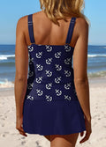 V-Neck Striped Navy Blue Print Side Slit Patchwork Tankini Pantskirt Set Swimsuit