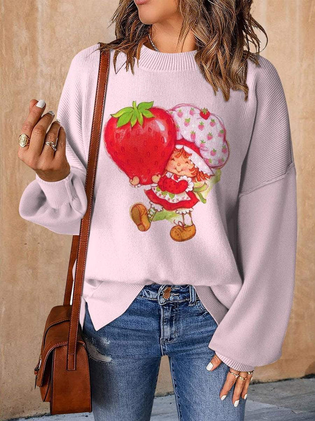 Vintage 1980s Strawberry Shortcake Cartoon Print Casual Knit Pullover Sweater