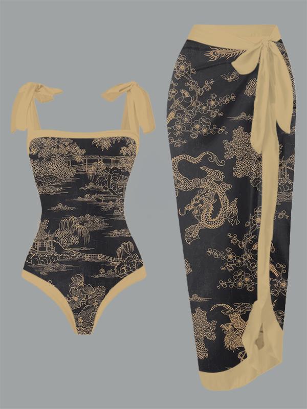 Vintage Chinese Dragon Print One Piece Swimsuit And Cover Up