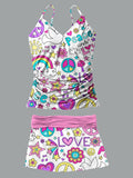 V-Neck Pink Flowers Vigate Hippie Peace Star Print Suspender Skirt Tankini Pantskirt Set Swimsuit