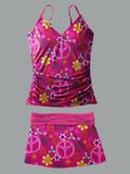 V-Neck Pink Retro Hippie Peace Print Suspender Skirt Tankini Pantskirt Set Swimsuit