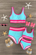 Mom And Me Blue & Pink Ribbed Stripe Bikini