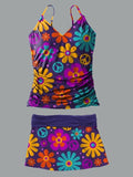 V-Neck Purple Flowers Vigate Hippie Peace Print Suspender Skirt Tankini Pantskirt Set Swimsuit